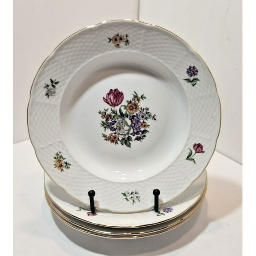 Vtg Europa Fine Bohemian China "Bouquet" Floral Shallow Rimmed Bowls Set Of 4